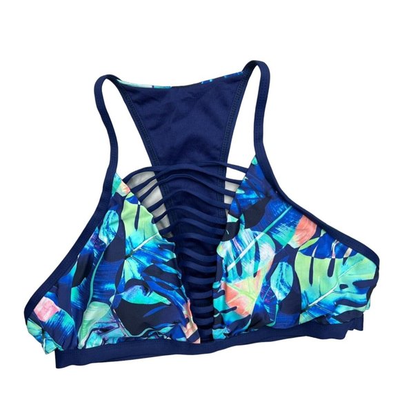 NEXT RSC Hi Neck Sports Bra Swim Top Size Large UPF 50 Strappy Tropical Print - Picture 1 of 7